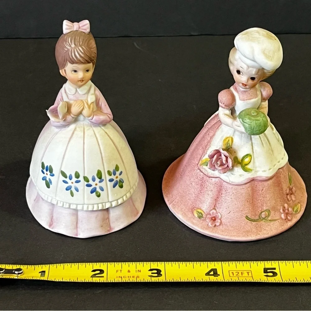 Lefton? Porcelain Bell Set Girl White Apron Baker Pink Roses Chef Garden Lot 2x